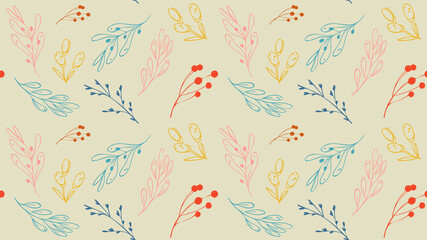 Abstract seamless horizontal pattern. Aesthetic minimalist background for cover design, interiors, web, social networks. Fashionable bright sketch illustration with doodles, flowers, plants, leaves.