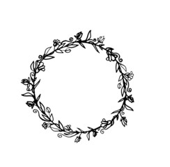 Sketch wreath plant leaves, drawing nature set. Graphic floral botanical line painted herb.