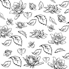 Beautiful print of flowers on fabric, packaging, contour of flowers, buds and leaves. Isolated over white background. Vector illustration. 