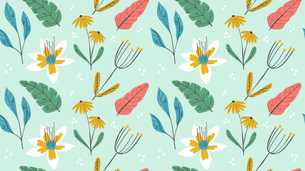 Abstract seamless horizontal pattern. Aesthetic minimalist background for cover design, interiors, web, social networks. Fashionable bright sketch illustration with doodles, flowers, plants, leaves.