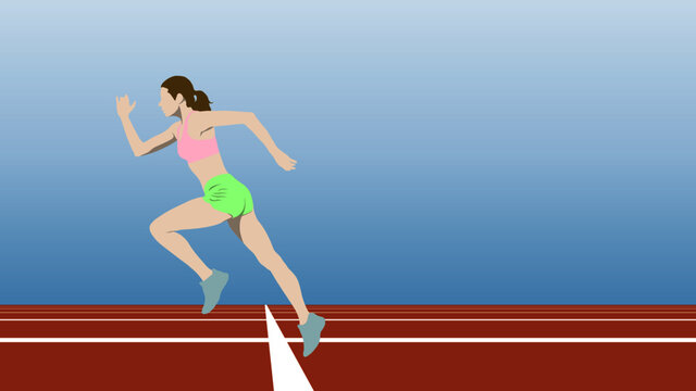 A woman running from starting line in athletic track.