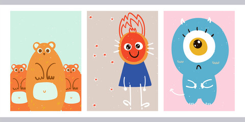 Set of three cute illustrations with monsters. Bright posters with funny freaks. Illustrations for social networks, stories, book covers, postcards. Cartoon children's drawings for interiors.