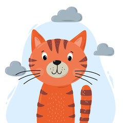 cute hand drawn kitten with clouds for nursery posters, greeting cards, prints, kids apparel, stickers, etc. EPS 10