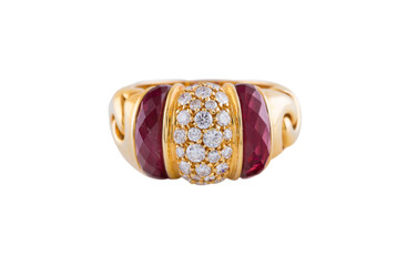 Female gold ring with purple and white stones isolated on a white background