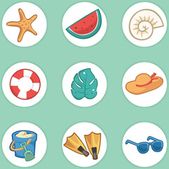 Set of summer element icons with vector flat design, starfish, watermelon, shell, lifebuoy, leaf, hat, sand bucket, flippers, sunglasses isolated on green background.