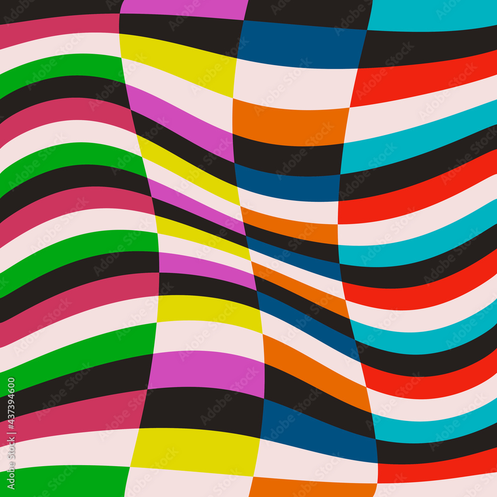 Poster Colorful and twisted rectangles pattern. Vector multicolor wavy or convex flag.
