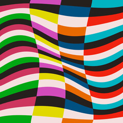 Colorful and twisted rectangles pattern. Vector multicolor wavy or convex flag.