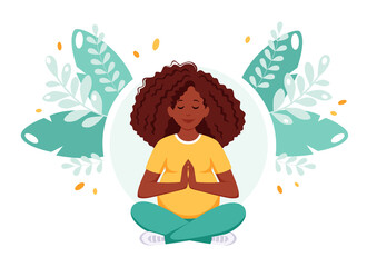 Obraz na płótnie Canvas Pregnant black woman meditating in lotus pose. Pregnancy health concept. Vector illustration