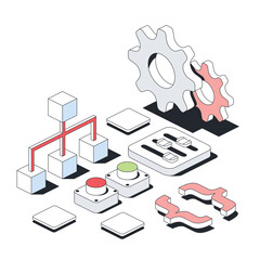 Development, gears, structure, settings, start stop, programming. Vector 3d line isometric, color web icons, new flat style. Creative design idea for infographics.