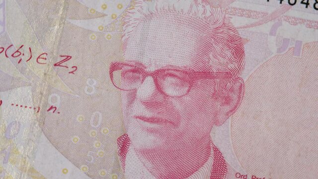 Reverse of 10 lira paper bill with portret of Turkish mathematician Cahit Arf. Official currency of Republic of Turkey, paper bill