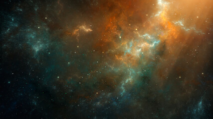Space background. Colorful nebula in orange and blue color with stars. Digital painting
