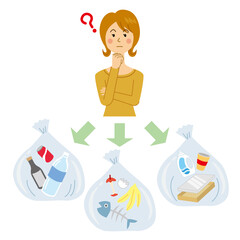 ゴミ捨てのゴミの分別を悩む女