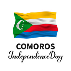 vComoros Independence Day typography poster with wavy flag. National holiday celebrated on July 6. Vector template for greeting card, banner, flyer