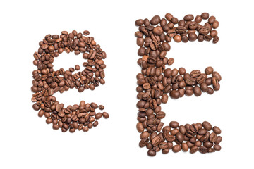 The letter " E " of the Latin alphabet, laid out from coffee beans. Isolate on a white background. Brown coffee.