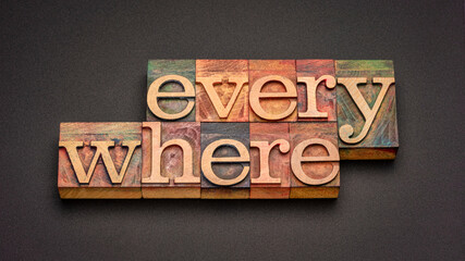 everywhere word abstract in vintage letterpress wood type against black background, in every place or part