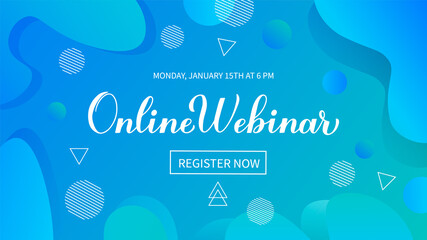 Online webinar announcement web banner. Distant education via internet. Blue abstract background. Vector template for social media, mobile app.