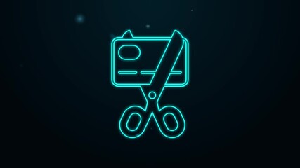 Glowing neon line Scissors cutting a credit card icon isolated on black background. Online payment. Cash withdrawal. Financial operations. Shopping sign. 4K Video motion graphic animation