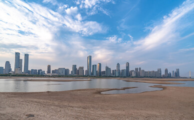 city skyline at sunset