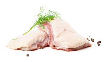Raw duck breast fillets with dill and black pepper isolated on white