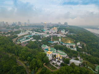 Fototapeta premium Kiev-Pechersk Lavra. Spring cloudy morning. Aerial drone view.