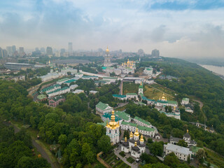 Fototapeta premium Kiev-Pechersk Lavra. Spring cloudy morning. Aerial drone view.
