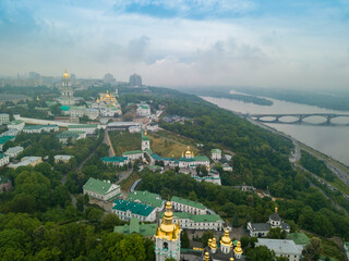 Kiev-Pechersk Lavra. Spring cloudy morning. Aerial drone view.