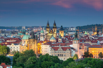 Fototapeta na wymiar Prague. Aerial cityscape image of Prague, capital city of Czech Republic with the Church of Our Lady before Tyn, Old Town Bridge Tower and Powder Tower at summer sunset.