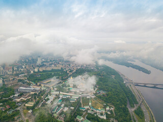 Kiev-Pechersk Lavra. Spring cloudy morning. Aerial drone view.