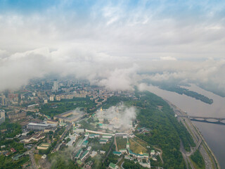 Kiev-Pechersk Lavra. Spring cloudy morning. Aerial drone view.