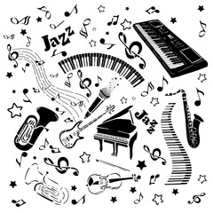 Monochrome background with musical instruments. Vector illustration © Мария Неноглядова