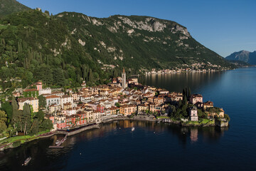 Fototapeta na wymiar Varenna city on Lake Como aerial view looking at the Lecco Branch of the lake.