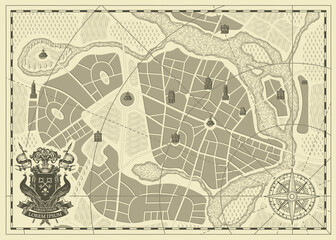 Hand-drawn abstract city map with ornate Coat of arms, wind rose and compass sign in vintage style. Monochrome vector urban roads plan on an old paper. Town streets with parks, river and landmarks