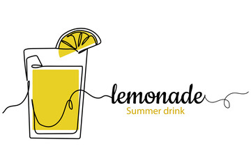 Continuous one line of glass of lemonade in silhouette. Linear stylized.Minimalist. Summer drink