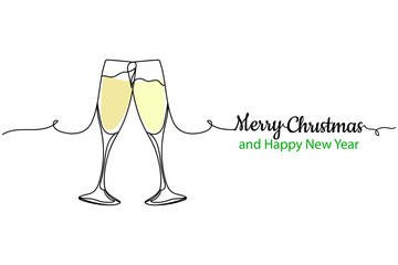 Continuous one line of two champagne glasses in silhouette. Linear stylized.Minimalist. Merry christmas and happy new year or birthday