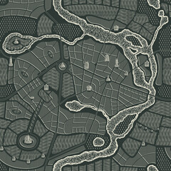 Monochrome seamless pattern in the form of an abstract city map. Town streets with parks, river and landmarks in retro style. Vector repeating background with urban roads plan on a black backdrop