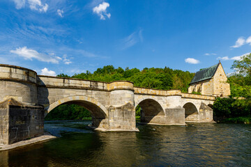 The historic bridge over the Werra River at Creuzburg in the Werra Valley in Thuringia
