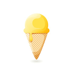 Żółte lody w wafelku na białym tle. Roztapiający się słodki deser. Lód w rożku, jedna kulka - wzór tła,  tapety lub element menu. Smak cytrynowy, przekąska typu sorbet.