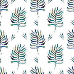 Bright tropical motifs, juicy patterns from the drawn watercolor leaves. Trending tropical designs for fashion and textiles. Watercolor leaves. Palm leaves.