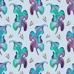 Tropical seamless pattern on a blue background. Hawaiian pattern of large palm leaves for the interior. Watercolor palm leaves. Summer deciduous pattern of tropical leaves. Interior patterns.