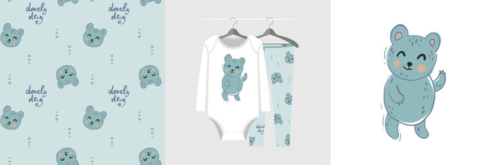 Seamless pattern and illustration for kid with little mint bear