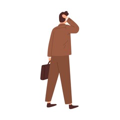 Questioned confused man hesitating, standing in doubt before difficult business decision. Puzzled pensive businessman. Colored flat vector illustration of concerned person isolated on white background