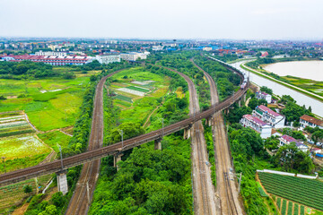 Aerial photography, railroad tracks, high-altitude photography lens