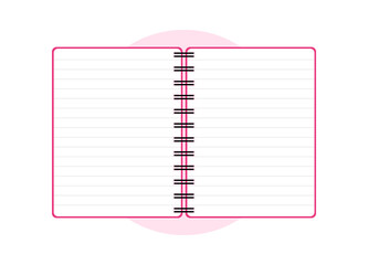 Pink open notepad. Sketchbook or diary for education or work. Vector illustration. Isolated on white background. Flat design.
