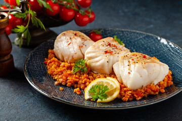 Fried pieces of cod loin, served on dark chickpeas. Dark painted background.