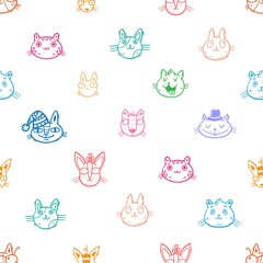 Seamless pattern with cute cats on white background. Funny animals wallpaper. Vector doodle kittens print.