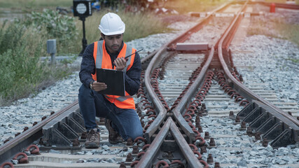inspection engineer checking on railway. installation worker on railways. Engineer work on railway....