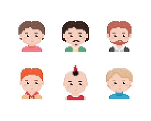 Pixel art man avatar portrait male characters set. Pixel retro man avatars design for game, web, sticker, logo. Vector illustration set of man and boy faces in simple modern 8 bit pixel art style. 