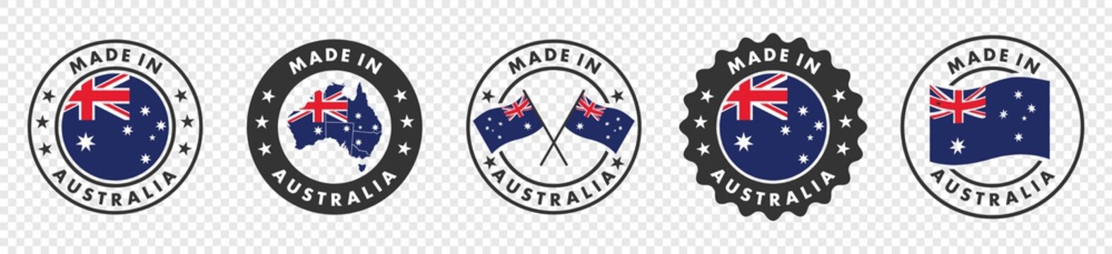 set of made in the australia labels, made in the australia logo,  australia flag , australia product emblem, Vector illustration.	