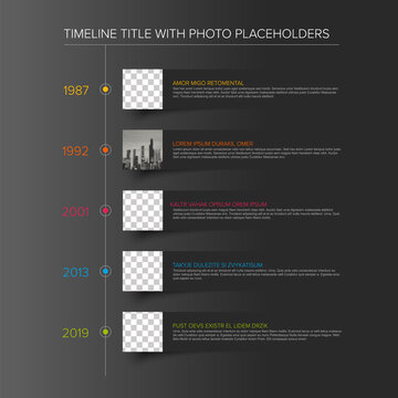 Minimalistic dark vertical infographic timeline template with photo placeholders