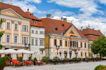 Historical baroque downtown.Street view with typical baroque houses. Gyor, Hungary.